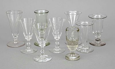 Nine shot glasses/Wachtmeister, 19th/20th century, various shapes and sizes, clear glass, some 