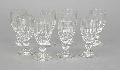 Eight liqueur glasses, around 1900, polygonal base, short stem with nodule, straight, angular 