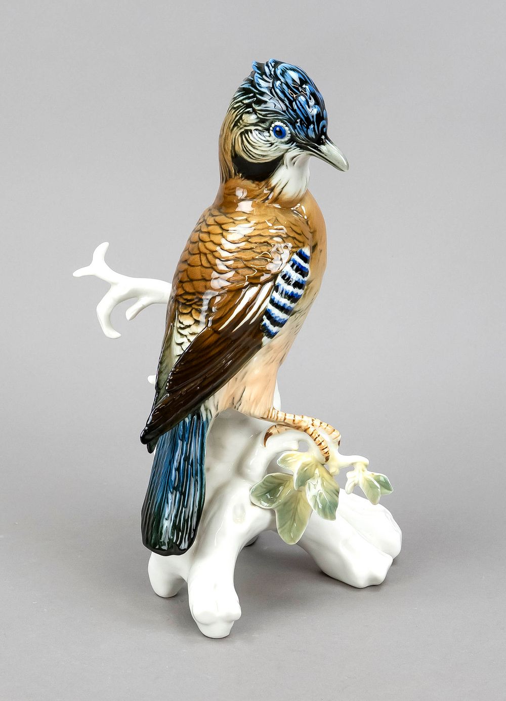 Jay on branch base, Karl Ens, Volkstedt, mill mark from 1919, polychrome underglaze painting 