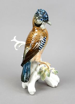 Jay on branch base, Karl Ens, Volkstedt, mill mark from 1919, polychrome underglaze painting 