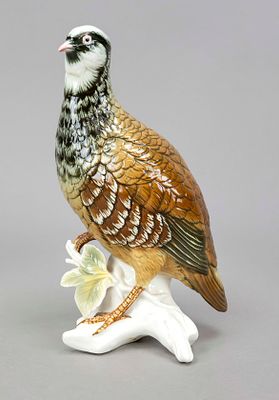 Red-legged partridge on branch base, Karl Ens, Volkstedt, mill mark from 1919, polychrome 
