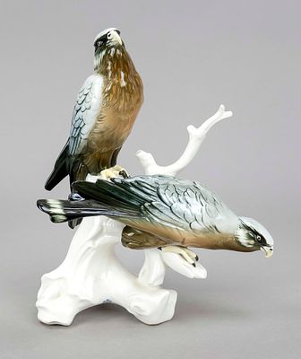 Two falcons on a branch base, Karl Ens, Volkstedt, mill mark from 1919, polychrome underglaze 
