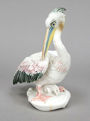 Pelican, Karl Ens, Volkstedt, mill mark from 1919, pelican preening itself on natural base 