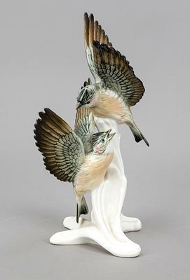 Pair of larks on grass base, Karl Ens, Volkstedt, mill mark from 1919, polychrome underglaze 