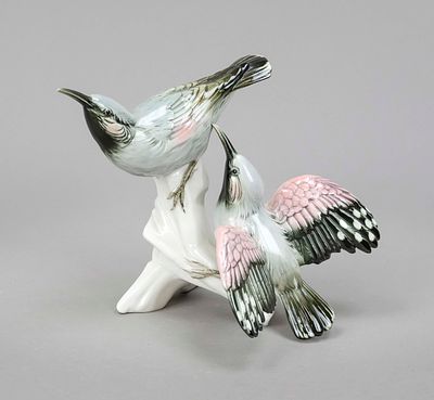 Pair of hummingbirds on branch base, Karl Ens, Volkstedt, mill mark from 1919, polychrome 