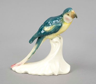 Parrot, Shepherd & Father, Rudolstadt, mark from 1890, ceramic, polychrome glazed, on high 
