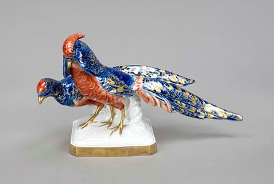 Pair of pheasants, Unterweißbach, marked 1962-90, second choice, octagonal base with terrain 