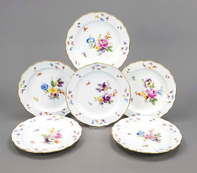 Six dessert or starter plates, Meissen, knobbed swords 1850-1924, 1st choice, new cut shape 