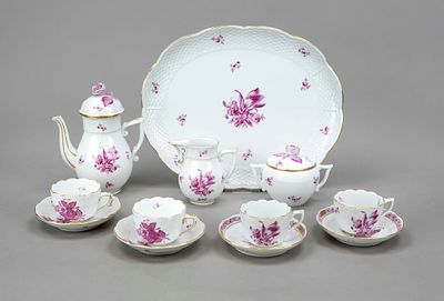 12-piece mocha service, Herend, Hungary, 20th century, Ozier form, Tete-a-tete Bouquet de 