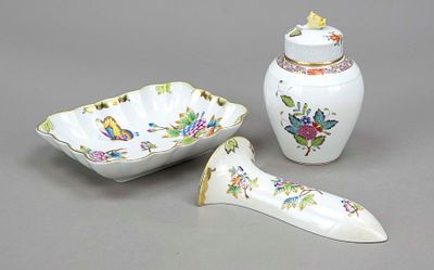 Three decorative pieces, Herend, Hungary, 20th century, lidded vase, colorful Apponyi 