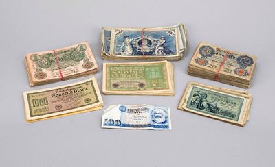 Large collection of banknotes, Germany, early 20th century, 5, 20, 20, 50, 100, and 1000 mark 