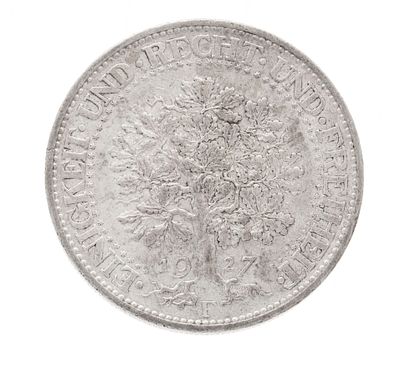 Silver coin 5 Reichsmark, 1927 F, Eichbaum, diameter approx. 35 mm, weight approx. 25 g
