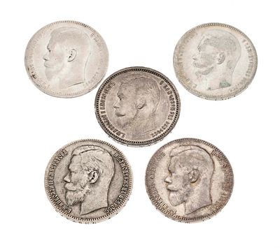 5 silver coins, each worth 1 ruble, Russia 1896, 1897, 1898, 1899, 1912, Nicholas II, diameter 