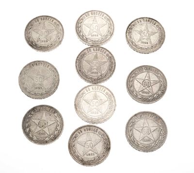 10 silver coins, each worth 50 kopecks Star Soviet Republic RSFSR, 9 x 1922, 1 x 1921, diameter 