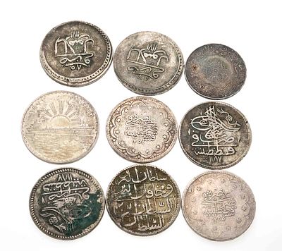 9 silver coins, Arab/Ottoman region, various alloys and conditions, diameter up to 39 mm, total 