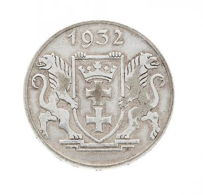 Silver coin 5 guilders, 1932, Free City of Danzig, diameter approx. 30 mm, weight approx. 15 g