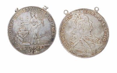 2 silver coins, each 1 taler, Nuremberg 1757 and 1765, hinged, diameter up to approx. 42 mm 