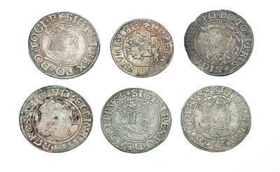 6 silver coins, small coins Groschen, Poland and Lithuania, 1529, 1531, 1533, 1534, 2 x 1535 