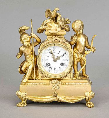 French figure pendulum clock, fire-gilded bronze, 2nd half of the 19th century, 2 cherubs with 
