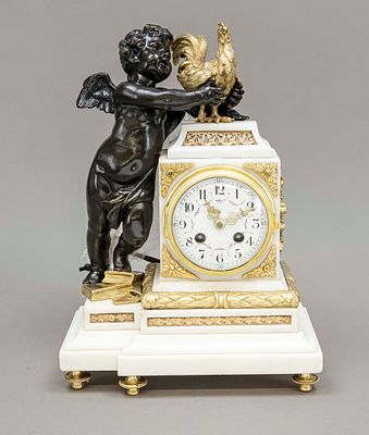 French bronze figure pendulum clock, 2nd half of the 19th century, on white marble, bronzed 