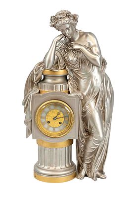 Large figure pendulum clock, rare white bronze (white bronze is a silver-colored 