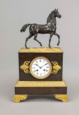 Empire bronze pendulum clock, 2nd half of the 19th century, base bronzed, decorations 
