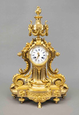 Large bronze pendulum clock, fire-gilded, polished and satin-finished, 2nd half of the 19th 