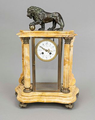 Large beige marble pendulum clock, 2nd half of the 19th century, marble chipped and cracked on 