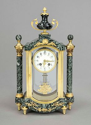 Glass pendulum clock, dark green marbled marble, 2nd half of the 19th century, faceted glass on 