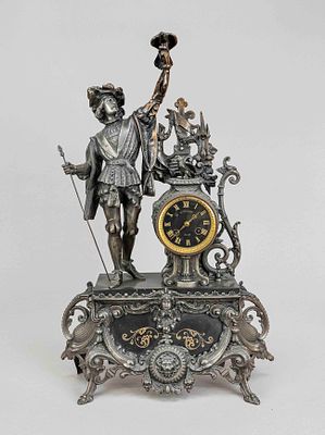 Large figure clock, 2nd half of the 19th century, with a falconer on the clock drum, white cast 