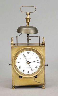 Capucine clock with alarm, marked ''Desicy á Clemont'' on the dial, circa 1800, brass case with 