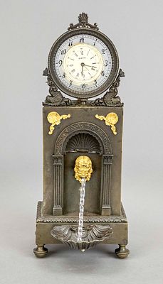 Table clock, bronze, with implied fountain (does not work), bronze with partial gilding 