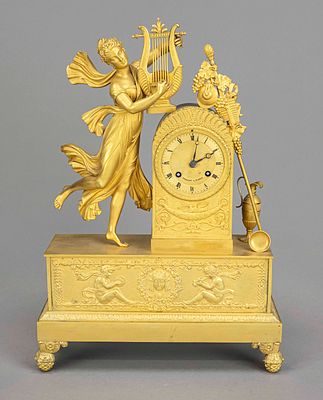 Empire bronze pendulum clock, fire-gilded, 1st half of the 19th century, marked ''Pingeon á 