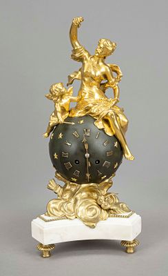 French figurine clock, fire-gilded on white marble base, woman with Amor and pair of birds on a 