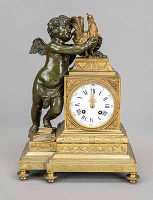 Bronze Putto pendulum clock with cock, 2nd half of the 19th century, the putto standing on 
