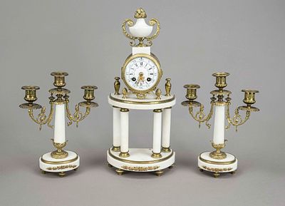 3-piece column pendulum clock, white marble, 2nd half of the 19th century, gilded clock drum on 