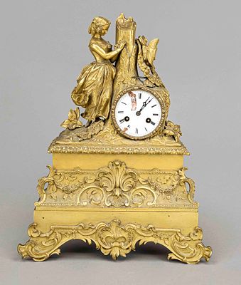 Empire clock, France, 2nd half of the 19th century, gilded bronze, Faru with summer hat by a 