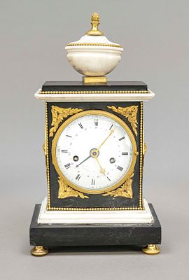 Marble table clock, black/white marble, marked ''Vaucel á Paris, '' 2nd half of the 19th 