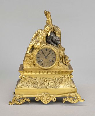 Empire pendulum clock, France, 1st half of the 19th century, Gilded bronze, boy with dog and 