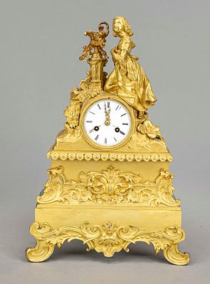 French Empire figure pendulum clock, 1st half of the 19th century, woman on a column with a jug 