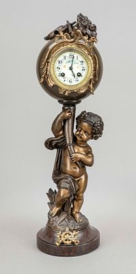 French figure clock, white cast bronze, 2nd half of the 19th century, a putto carrying a 
