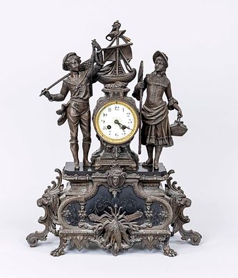 French figure pendulum clock, 2nd half of the 19th century, fisherman and fisherwoman, white 