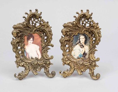 2 photo frames, Italy, 2nd half of the 20th century, cast metal, bronzed, openwork with cherub 
