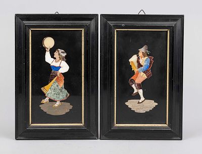 2 Pietra Dura mosaic pictures, Italy, around 1900, different hard stones assembled into a 