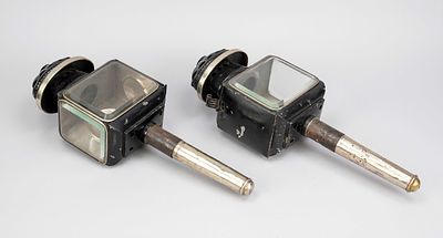 Pair of carriage lamps for candles, 19th century, sheet iron painted black, body on two sides 