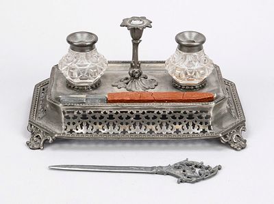 Inkwell with candlestick, late 19th century, silver-plated pewter (rubbed), octagonal, raised 