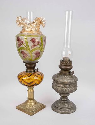 2 petroleum lamps, 2nd half of the 19th century. 1x metal cast body, decorated over the entire 