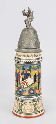 Reservist's mug with tin lens, circa 1910, ceramic relief and polychrome decoration with scenes 