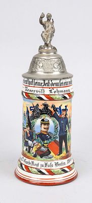 Reservist mug, circa 1905, porcelain relief and polychrome decoration with soldier scenes 