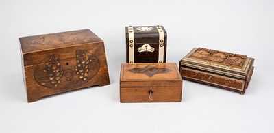 4 jewelry boxes or hinged lid boxes, 19th and 20th centuries, various woods. 1 x conical shape 